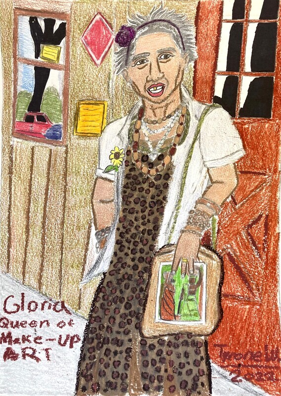 Tribute to Gloria is a portrait of Gloria Garrett an artist who uses makeup to create her artwork. Gloria stands in a house with a brown front door with a car parked outside the front left window. On the wall are red and yellow artworks. Gloria stands in the center wearing a cheetah print dress, a white blazer with a sunflower in her pocket, and lots of jewelry. Her right hand is in her blazer&#39;s pocket. She has a bag over her left shoulder with her left hand sitting on top of it. the bag has a red and brown illustration on it. On the bottom left of the page, are the words, &quot; Gloria: Queen of Make-up Art.&quot;