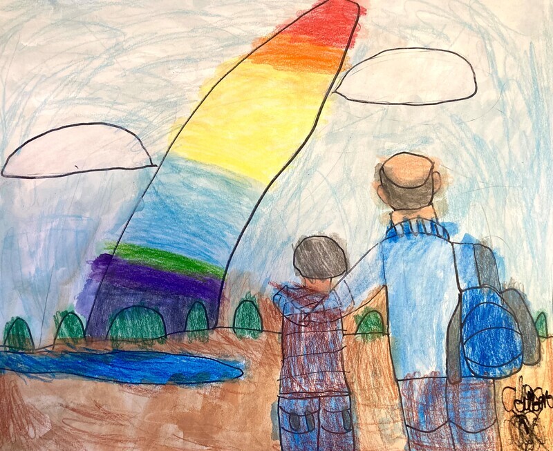 An old man and woman stand with their back turned to the viewer, side-by-side, with the man’s arm around the woman’s shoulders. The man is wearing a blue collared shirt and a blue backpack with jeans, and the woman has short gray hair, a dark red sweater, and jeans. They are looking at the sky in front of them, which has few clouds and a large rainbow cutting through the length of the sky. Below the sky, round green foliage and a small lake can be seen on the ground.