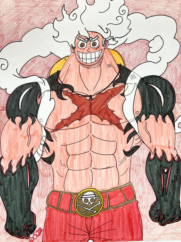 The titular character Monkey D. Luffy fills the composition, standing at a front-facing angle towards the viewer. The character has large muscles, an X-shaped scar along his chest, and long white hair that&#39;s floating upwards out from his head. A ring of clouds surrounds the figure. Black ripped clothes can be seen covering his shoulders and forearms. He&#39;s wearing belted red pants with a skull cross logo in the center of the belt.
