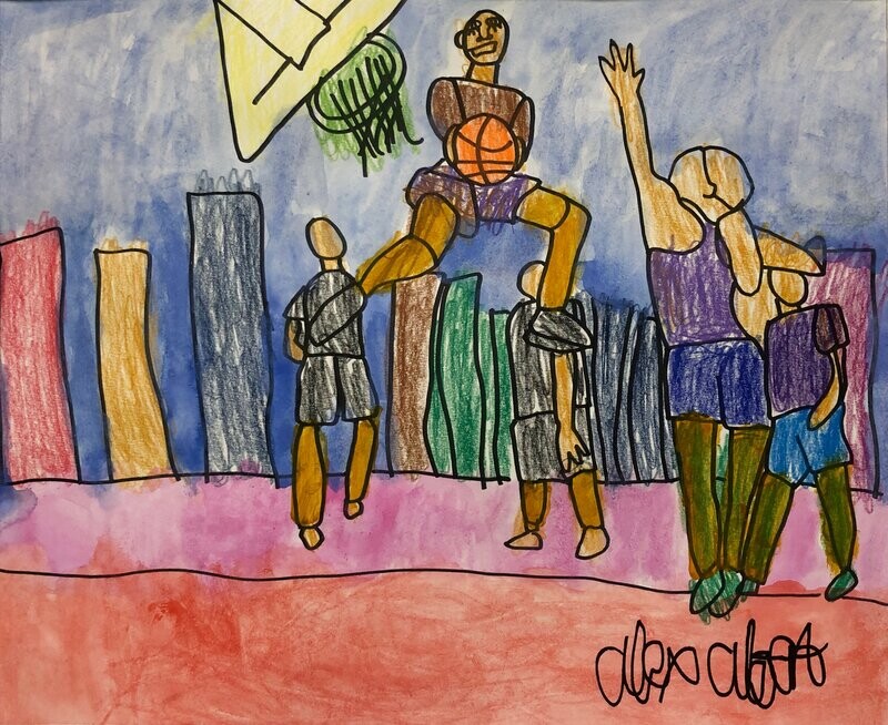 A scene of athletes playing basketball in a basketball court. The centermost player is jumping in the air while holding an orange basketball, and they are jumping towards the basketball hoop positioned left of center, which is colored with a green net. Another player with a blonde ponytail is standing on their tip-toes at the right edge of the frame, reaching towards the basketball in the center. Two more players in the background behind the centermost athlete stand in the center, looking towards the action. Tall rectangular buildings are lined up along the background behind the players, in shades of navy, green, and tan. The floor of the basketball court is a pinkish-red, and the sky is a muted shade of blue.