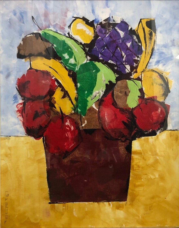 A watercolor portrait of an assortment of fruit sprouting from a dark brown pot within the center of the frame. Within the pot are bananas, apples, pears, and purple grapes. The flowerpot sits on top of a golden-yellow surface, in front of a light blue background.