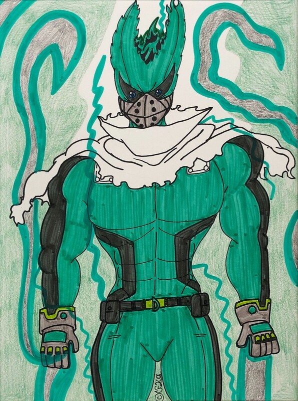 The titular character Ultimate Deku stands center frame towards the viewer, wearing green muscle armor with black striping along the ribcage, arms, and legs. He has a ripped, white cloak around his neck and shoulders, along with a full-face helmet with an iron muzzle and green horns protruding from the top of the head. Organic lines in various wavy patterns emanate from the character over a light green background.