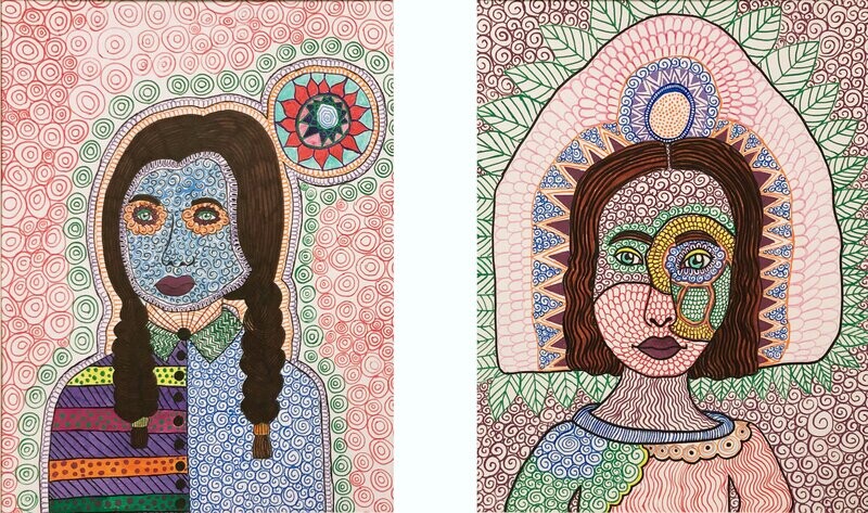 A dichotomy of two portraits, drawn from the arms up, stand side-by-side. The subject of the portrait on the left has dark brown braided hair, a blue face with a swirling pattern throughout, dark red lips, and green eyes with cloud-shaped orange borders. She has a cobweb-esque pattern on her neck, a green shirt collar with an alternating zigzag pattern, and a button-down shirt that&#39;s divided in half by two opposing patterns. The lefthand pattern features horizontal stripes of purple, yellow, red, orange, and green, with contrasting polka dots repeated throughout. On the righthand side is a more monochromatic pattern of dense blue swirls, reflecting the pattern on her face. A multicolored sun is drawn above the portrait, over a background of red and green concentric circles. The portrait on the right of the composition features a subject with green eyes, yellow eyelids, short wavy brown hair, and alternating patterns of swirls and rounded shapes in various colors framing the contours of her face. Her neck is patterned in dark red wavy lines, and she&#39;s wearing a sleeved shirt that&#39;s split between blue and green swirling patterns and red wavy lines. A complex border of spiking linework, swirls, and rounded shapes emanate from behind her face. Her background features a border of green leaves and dark red swirls.