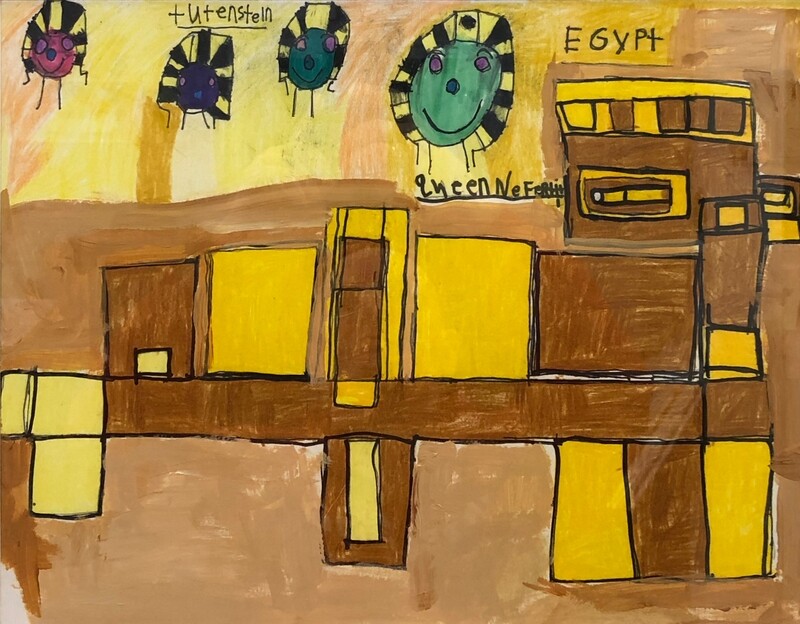 This old tomb is a tribute to Ancient Egypt .  It features a yellow and gold and brown background.  It shows underground tombs depicted with yellow and brown squares.  Four Egyptian heads line the top, featuring King Tut and Nefertiti.  The heads are pink, blue and the last two green.