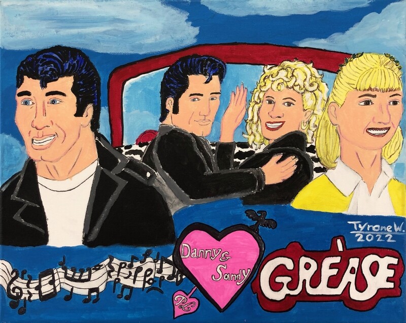 Grease shows the characters Danny and Sandy from the 1978 movie Grease. At the top of the page are Danny and Sandy, Danny on the left with his slick backed black hair and leather jacket and Sandy on the right with her blonde hair in a half updo in her yellow sweater over her button down. In the center of the page are the duo in Danny&#39;s red convertible. Both are looking back at the viewer with Danny in his same attire and Sandy in her leather jacket with her hair curled. Below them, going from left to right, are music notes that lead to a pink heart with an arrow going through it. Inside the heart are the names &quot;Danny and Sandy.&quot; Next the the heart is the Grease logo. The piece is signed, &quot;Tyrone W. 2022.&quot;
