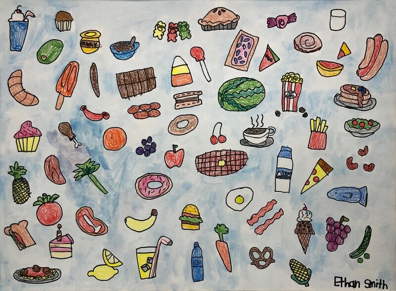 A pale blue background with a smorgasbord of small food items. Bacon, eggs, drinks, bananas, candy and cupcakes are just some of the many items shown.  Each food item is small with about 40 different featured foods all in bright colors.