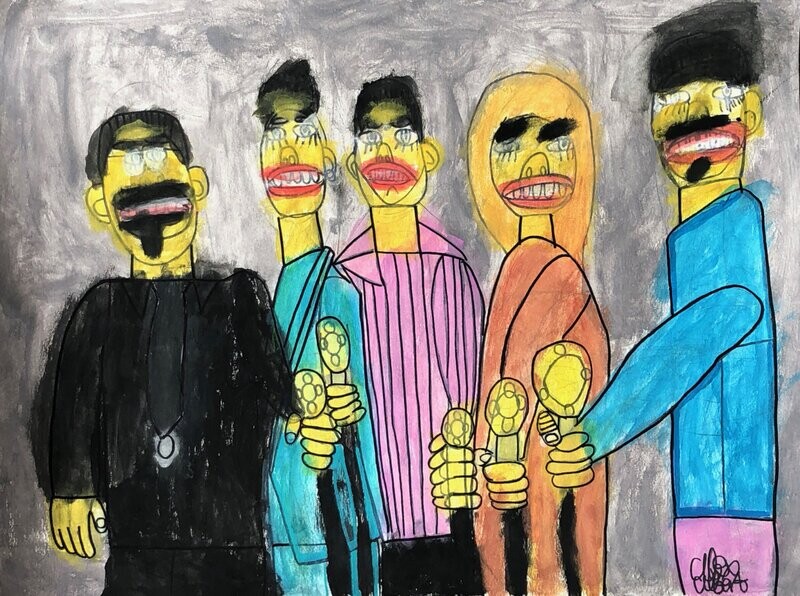 A scene of five characters standing next to each other and looking at the viewer, holding up lightbulbs in their hands. The character on the left has short black hair, round glasses, and an all-black outfit with a tie. The second character has tall black hair and a turquoise shirt. The third character also has tall black hair, but is wearing a pink shirt and black pants. The fourth character has long orange hair and a matching orange dress. The last character has tall black hair, a long-sleeved blue shirt, and pink pants. All five characters are standing in front of a gray background.