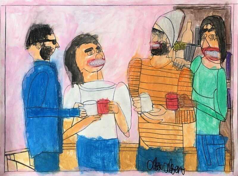 A scene of four people standing side-by-side and socializing with each other fills the frame. The man on the left side of the frame has short black hair, sunglasses, a beard, and a blue shirt and pants. He’s holding a white cup and looking to the right at a woman with shoulder-length black hair, a white sleeved top, jeans, and a red cup. She is looking to her right at a man who has a beard, a sleeved orange shirt with a thin striped pattern, jeans, a light gray turban, and a white cup. The fourth character has a green shirt, jeans, black hair, and has their hand on the third man’s shoulder while peeking out from the right edge of the frame. In the fourth character’s other hand, they are holding out a red cup in front of the third character. Behind the partygoers is a pink wall and a small frame in the upper right corner that contains a bottle and a pot of flowers.