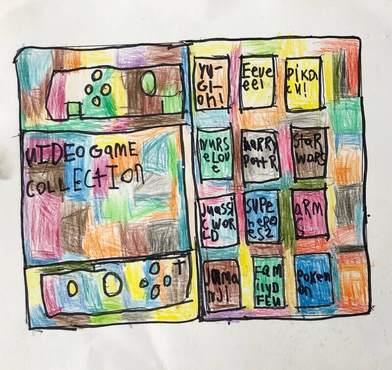 2 large rectangles filled with shapes of colors done with color pencil.   The first section has colors of shades of yellows, blues, and reds,  pinks and black.  Over the top is a large square, written in is Video Game Collection in black sharpie.  There is an outline of a video game controller.  On the second rectangle, on top of more colored pencil squares are 9 sharpie squares.  Inside the titles of several games are written.  Colors tend to be mostly pastels