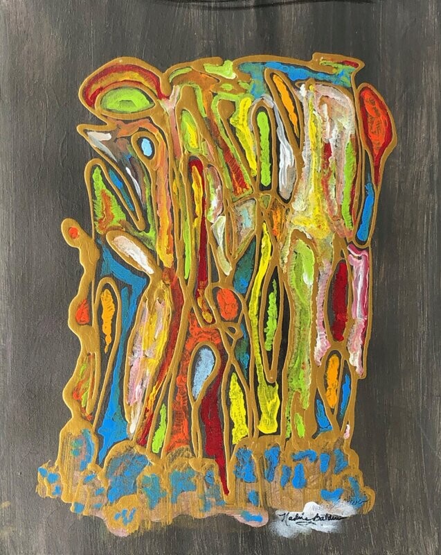 Abstract, multicolored, organic shapes take up the center of the composition over a textured gray-brown background. The organic shapes feature bright hues of reds, greens, blues, yellows, oranges, and white. A gold outline surrounds each shape within the composition.