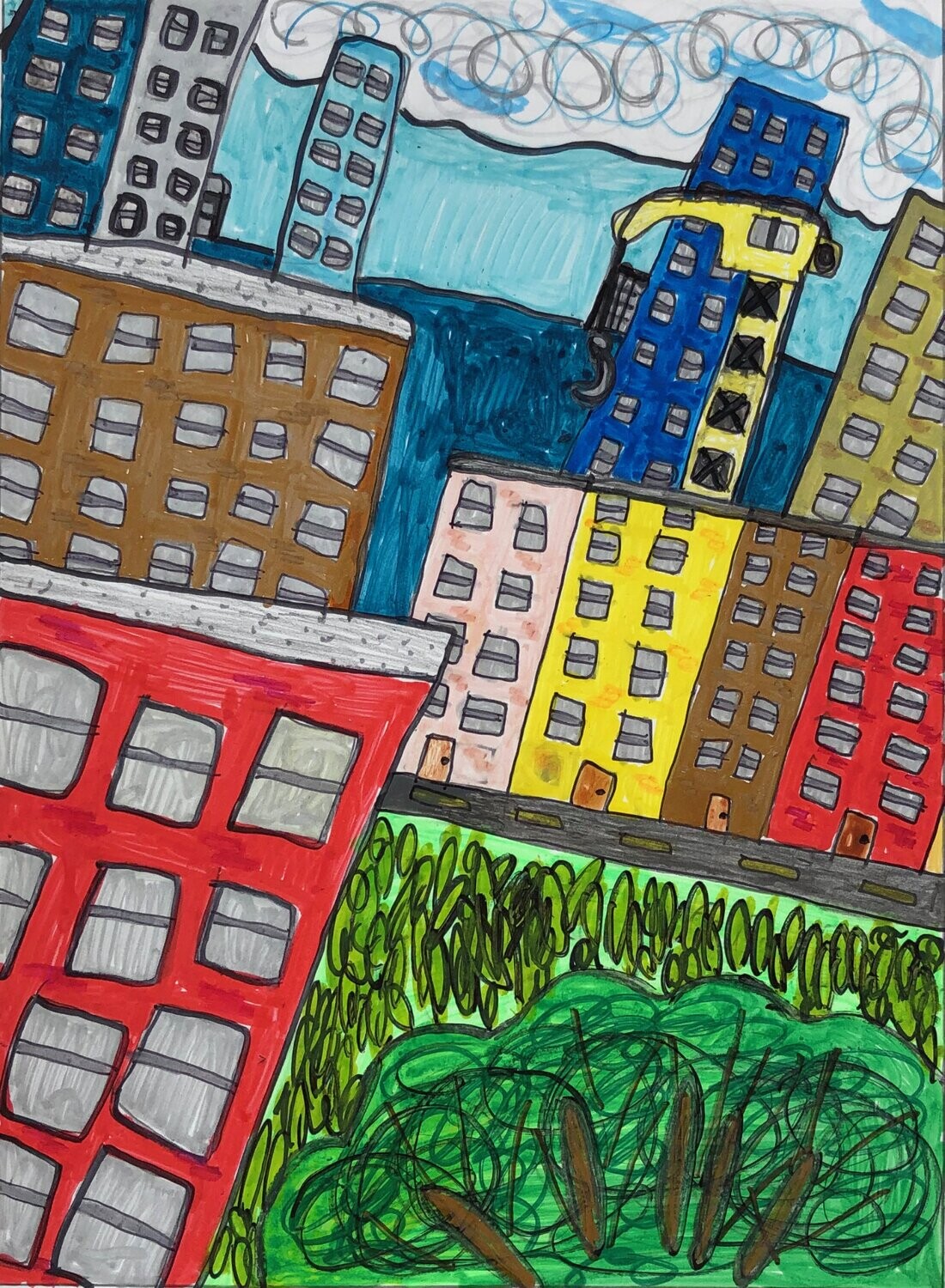 Port Side of Baltimore shows a close up of Baltimore skyline.  In the foreground on the right, is a small green grassy space next to a large red building with windows. Behind the red building stands a brown one many windows.  Behind it are two tall thin buildings with clouds next to them.  Two more tall buildings are in the opposite back corner, one yellow and one brown.  In front of them sits 4 colorful buildings, pink, yellow, brown and red, all with many windows.  