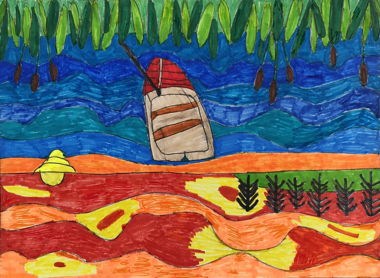 Rowboat depicts a brown and red rowboat resting in the water.  Across the top of the picture coming down are light and dark green leaves.  The bottom of the picture shows an orange, red and yellow beach with 5 small plants in the lower right corner.  