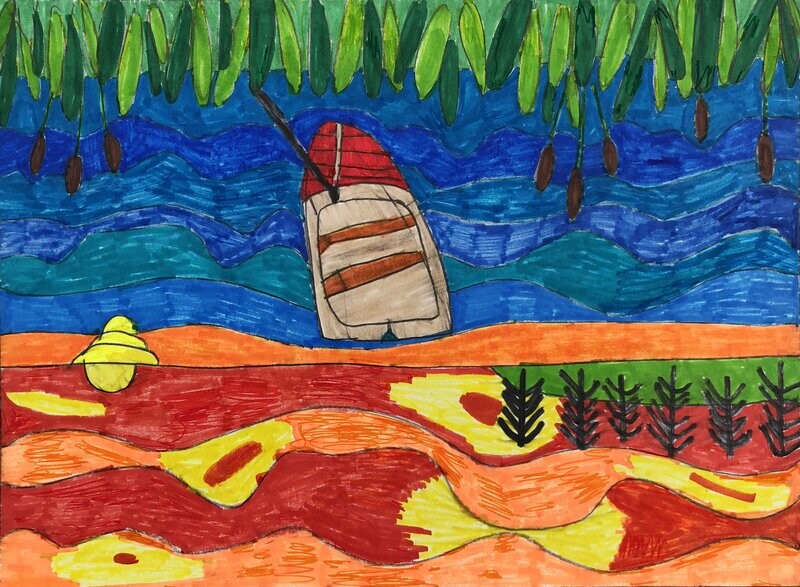Rowboat depicts a brown and red rowboat resting in the water.  Across the top of the picture coming down are light and dark green leaves.  The bottom of the picture shows an orange, red and yellow beach with 5 small plants in the lower right corner.  