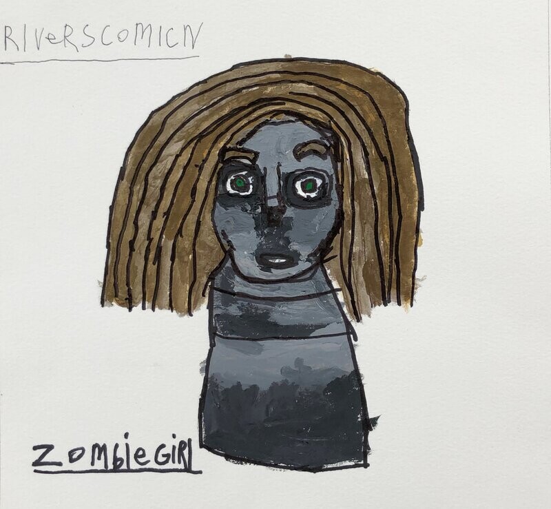 On a white background there is a head and torso of a zombie girl.  She is gray with brown/gold hair shoulder length hair.  She has large ringed dark eyes that stare straight ahead.  Under her is written Zombie Girl .