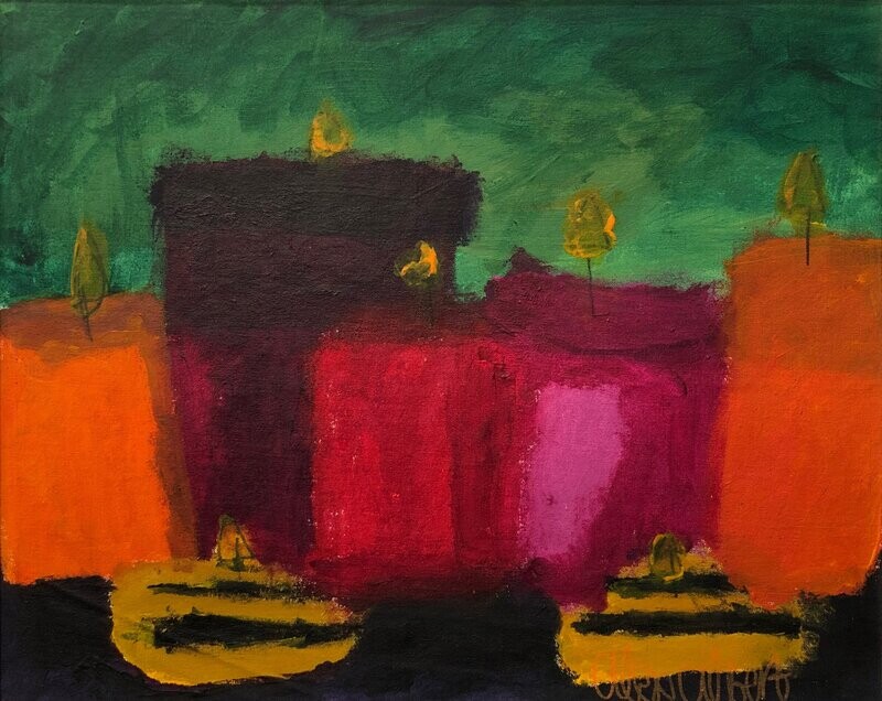Over an emerald green background, wide candles of varying heights fill the main composition. The main three candles in the center come in shades of dark plum, red, and pink with yellow flames. At either side of the candles in the center stand two more candles cropped from the frame, colored in orange. The row of candles sits on a black floor, with two smaller, triangular candles in black and white striping sitting in the foreground in front of the larger row of candles.