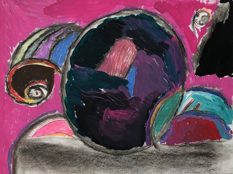 Over a vibrant pink background, abstract geometric shapes sit center frame on top of a gray platform. The center circle is filled with thick, blocked brush strokes in shades of purple, pink, and blue within a thin gray outline. More organic shapes surround the middle circle, with an arch of streaking colors to the left of the circle that transitions into a spiral of brown, red, yellow, and white. To the right of the middle circle on top of the gray platform is a half-circle with a turquoise outer shell and a red core. The upper right corner of the composition cuts away to solid black.