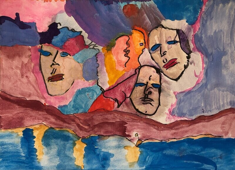 Abstract faces float over a multicolored sky, composed of shapes of pinks, reds, oranges, blues, purples, grays, and a hint of green. Contrasting the background of the piece, the faces all feature opaque black outlines. An abstract landscape in red, blue, and yellow fills the bottom portion of the piece, below the faces floating above.