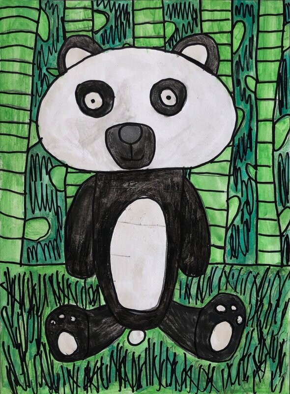 On a green back drop of bamboo, sits a large cartoonish panda bear.  The panda is facing forward, sitting on grass.  The panda has a white face with black features, a black body with a white oval belly and black legs with white foot pads.  The bamboo is in shades of green.