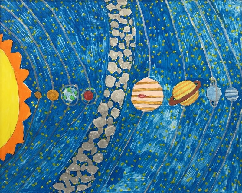 Planets of the Solar System features a portion of the sun ( approx one quarter) in the middle of the left side of the picture.   It is yellow with orange rays.   There is a blue background in different hues of blue with tiny yellow spots representing stars.  The planets are centered from the sun to the edge.  Planets are listed in correct order with the astroid belt between Mars and Jupiter.   Each planet is on its eliptical line.