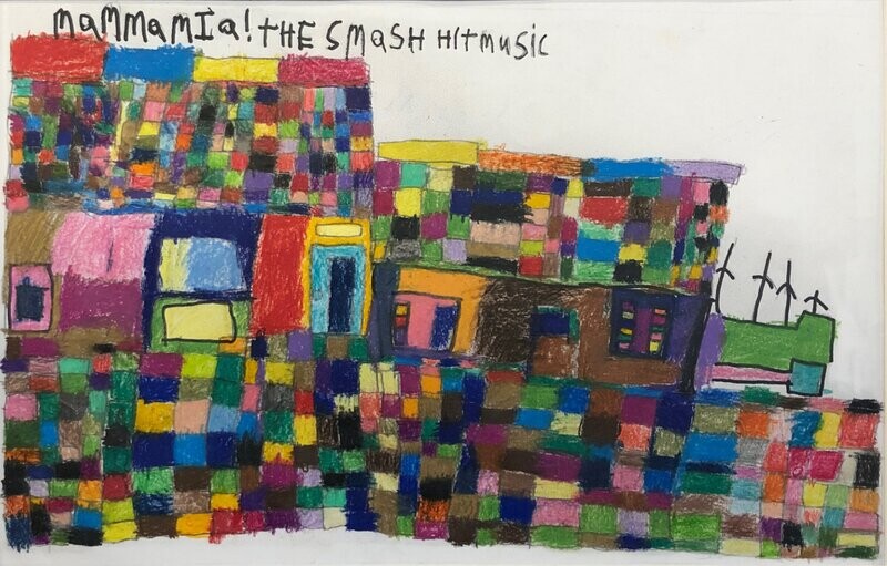Mamma Mia is a collection of colorful  tiny squares that replicate a disco dance floor.  Along the top it says &quot;Mamma Mia!  the Smash Hit Music&quot;.   The squares cover most of the white background.
