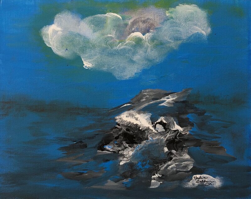 Painted over a dark blue background, heaven and earth are shown at different halves of the composition. Translucent white clouds over a gray moon fill the center of the sky. Below the clouds, an abstract rocky landscape comprised of darker grays, black, white, and dark blues represents Earth.