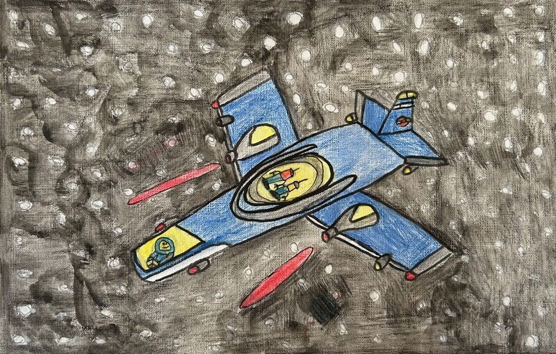 A large blue and yellow space ship is centered on a brown background with many white spots representing stars.  The spaceship has two people inside a yellow dome in the middle of it.  In the front of the spaceship under another yellow dome is another person.  There are red flames coming out of the spaceship. 