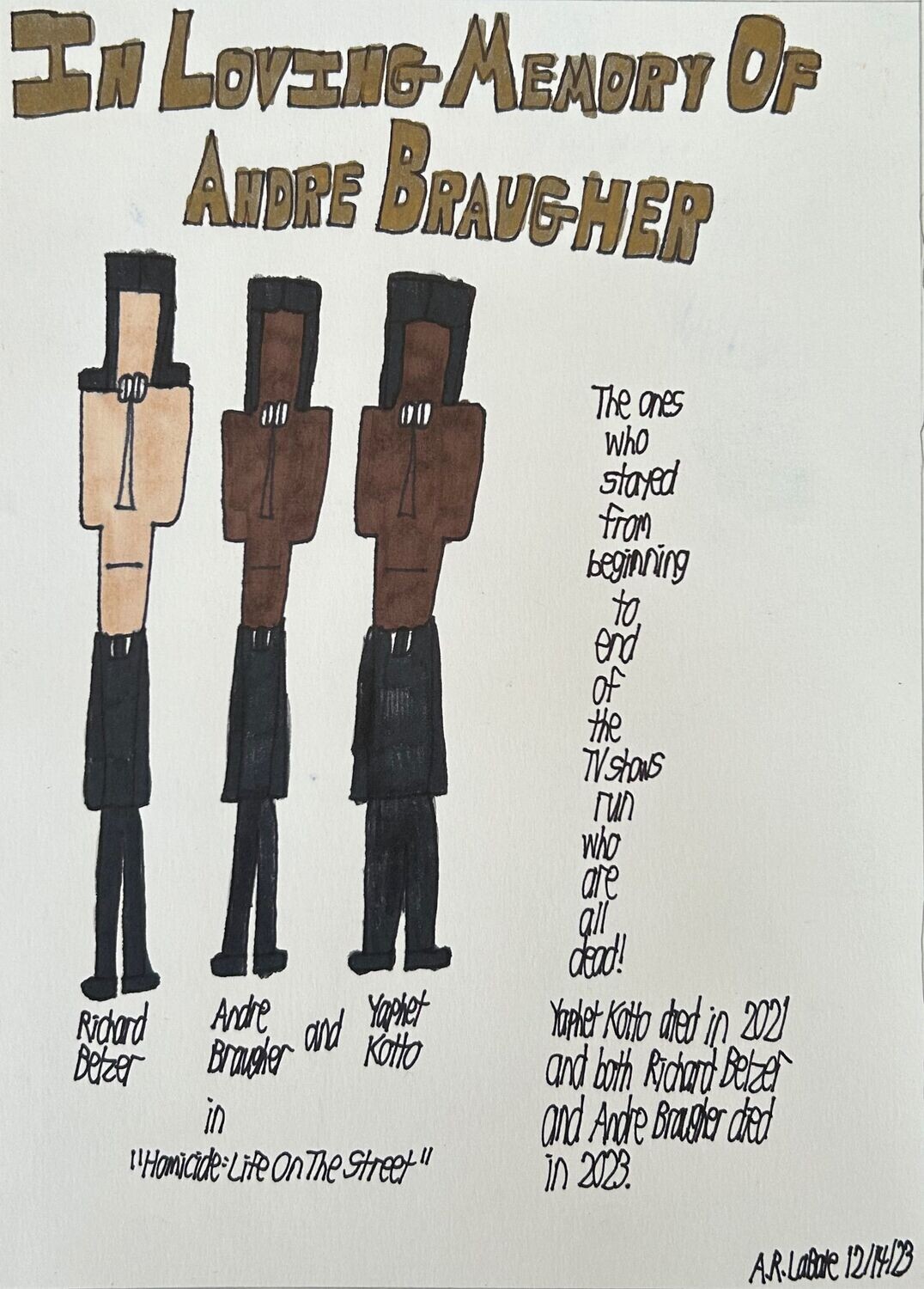 In brown text: &quot;In Loving Memory of Andre Braugher.&quot; A black haired man and two Black men are dressed in black suits.