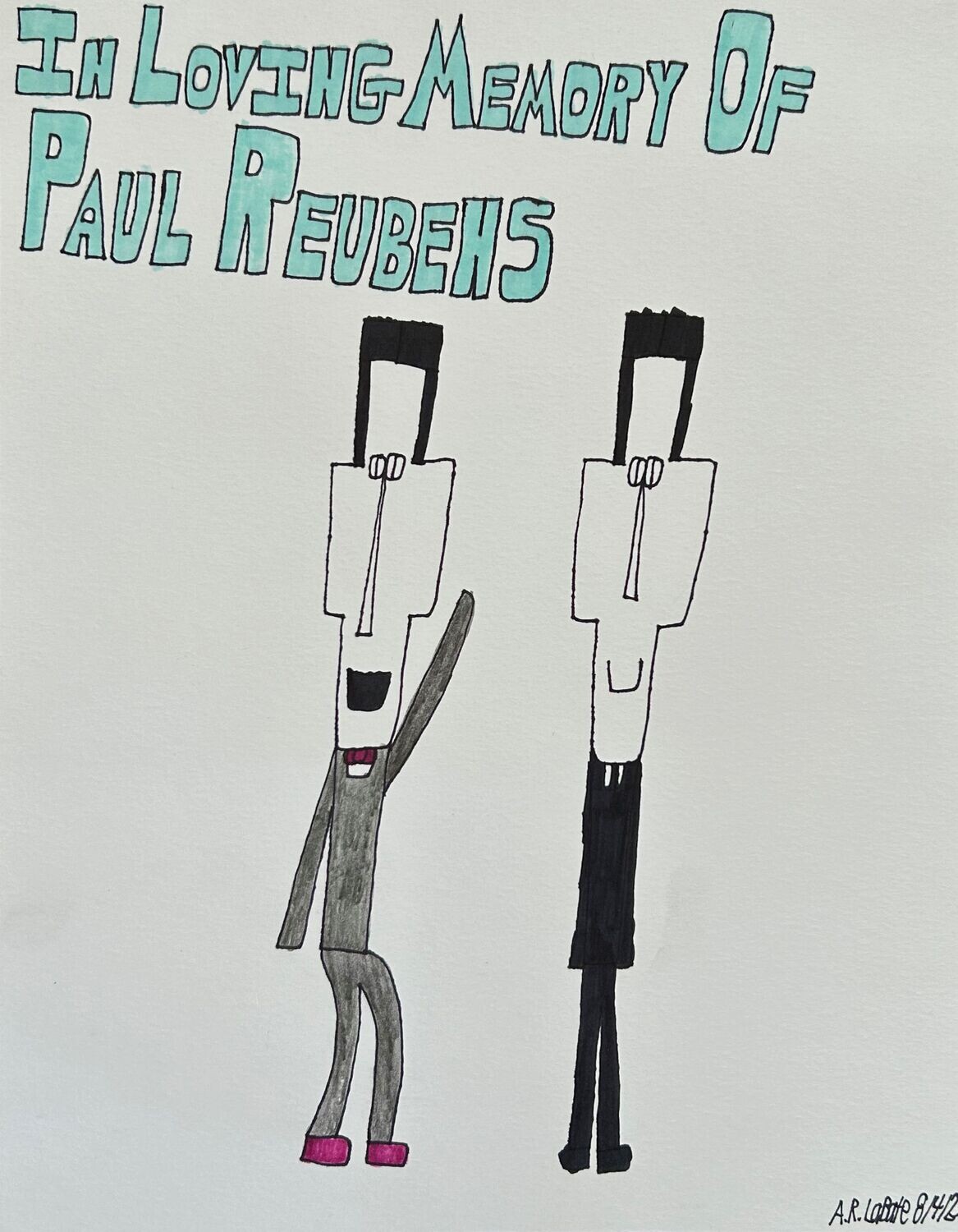Teal text says &quot;In Loving Memory of Paul Reubens.&quot; Two black haired men in a grey and black suit are smiling, 1 is waving.
