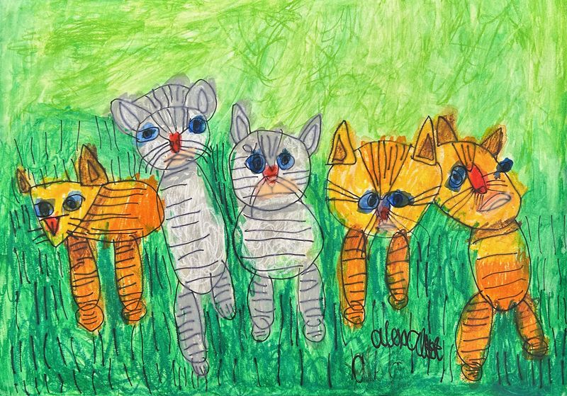 A row of kittens stands together on a grassy landscape, looking directly at the viewer. From left to right, the first kitten has orange striped fur; the second kitten is taller with striped gray fur and blue eyes; the third kitten also has striped gray fur and blue eyes but is shorter than the second; the fourth kitten has light orange fur and blue eyes; and the fifth kitten also has light orange striped fur and blue eyes.
