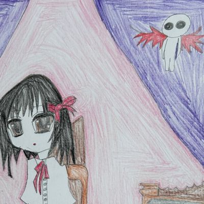 Cute and Spooky features a cute anime girl sitting on her purple bed.  The bed has hearts and stars and a purple curtain with 2 spooky creatures on it.  The girl has black shoulder length hair with a pink bow.  She is wearing a white button up shirt with matching pink bow and a pink skirt with black boots.  Her hands are in her lap and she looks pensive.  There are 2 pieces of brown furniture in the background.  