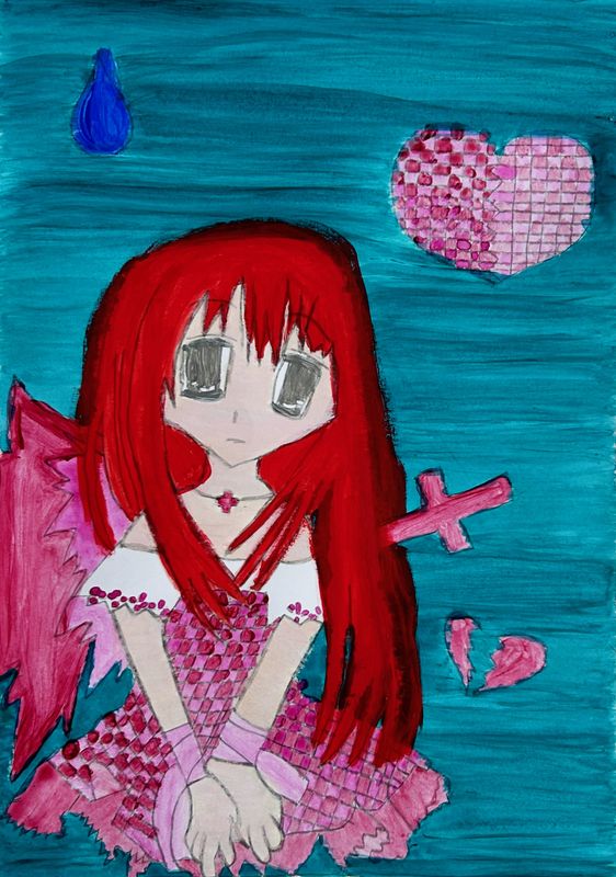 On a teal background sits a deep in thought anime girl.  She has long red fringed hair and is wearing a pink and red checked dress.  It features a white off the collar shoulder.  She is wearing a pink chocker and pink wrist wraps.  There are  2 small broken hearts in the background.