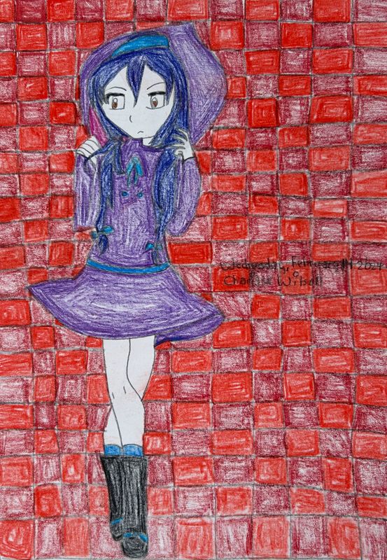 An anime girl stands against a red brick wall.  She is wearing a short purple dress with a hood.  Her hands are holding the hood up.  Her legs are crossed at the knees.