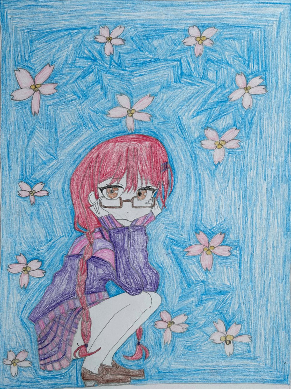 There is a cute anime girl squatting down.  She has a red braid, glasses and a purple long sleeve sweater with pink and purple stripped sleeves.  She has a matching pink and purple checkered skirt and brown loafters.She is on a light blue background with 12 light pink flowers surrounding her.  