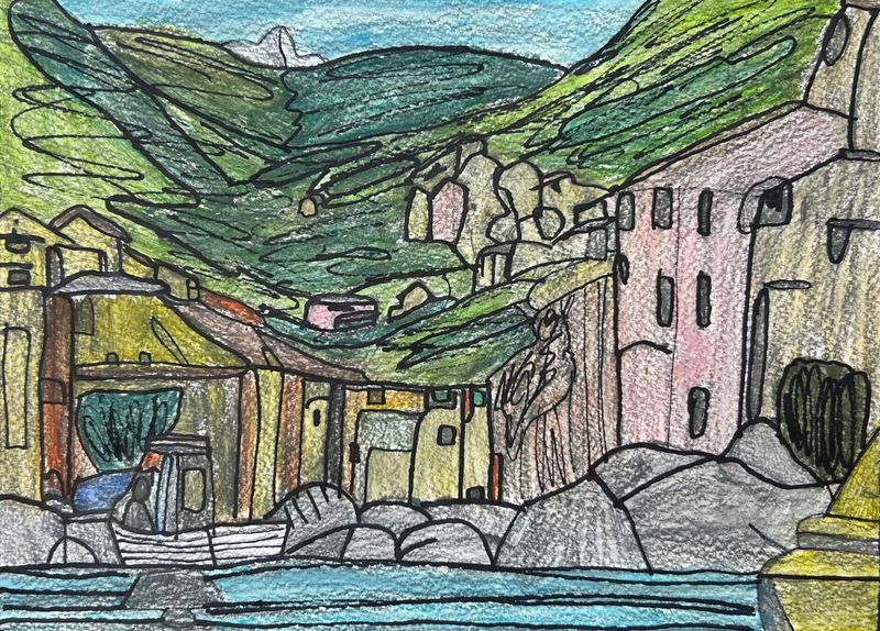 Luca features a small town sitting in the mountains.  It is comprised of a few pastel buildings, rolling hills and large rocks near water.   The work is done on textured paper which gives dimension.  