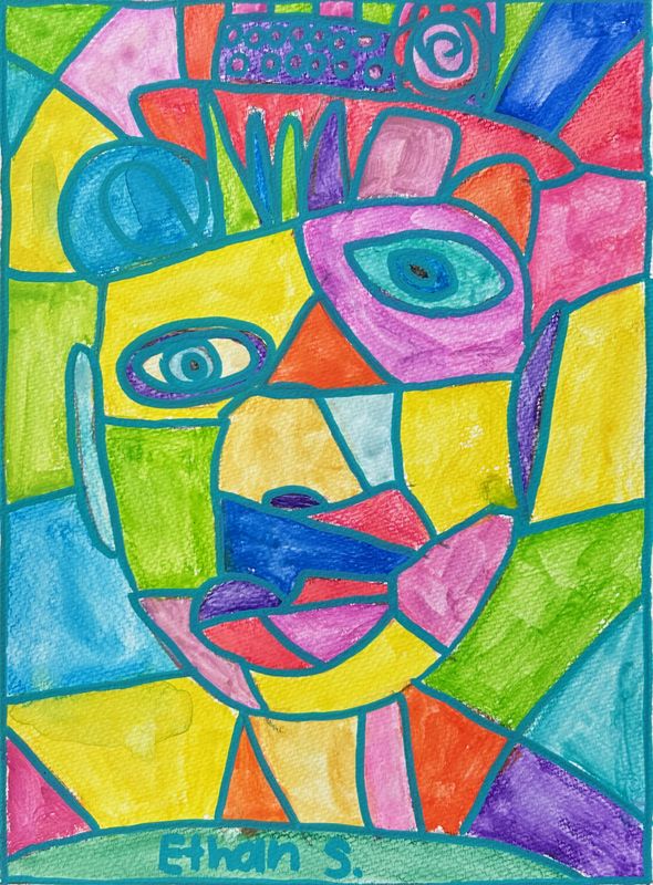 An abstract shape painting features shapes of various sizes and colors.  Drawn over the top in teal is the outline of an abstract face.  The colored shapes consist of yellows, light green, orange, blue and pink.  The abstract face looks out.  