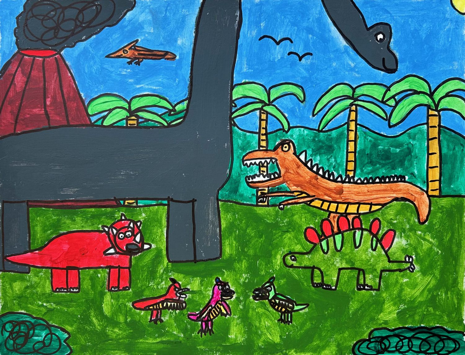 Dinosaurs is a cartoon style painting with a blue sky top half, and green grass bottom.  There is a volcano in the upper left corner with 3 birds flying by.  There is a large gray dinosaur on the left side, his neck extends off the top and his head reappears in the left corner. There are 3 more smaller dinosaurs in. the foreground and 3 tiny birds in front of them.  These dinosaurs are shades of red .