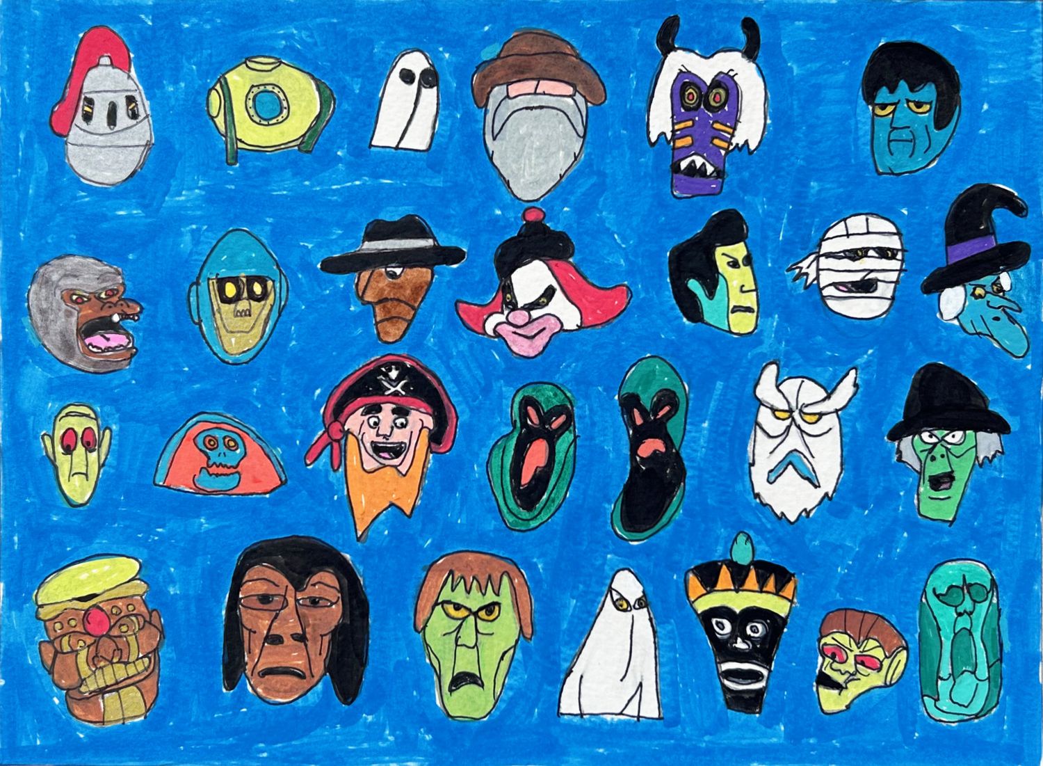 A bright blue background with head shots of 27 different Scooby Doo villains.  The top row features 6 different ones, while the next 3 rows each has 7 .  