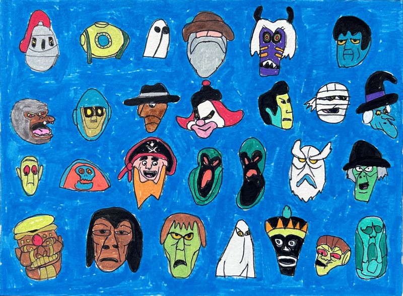 A bright blue background with head shots of 27 different Scooby Doo villains.  The top row features 6 different ones, while the next 3 rows each has 7 .  