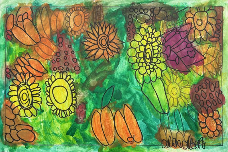 Vivid flowers are drawn in a forest green colored background. The flowers are yellow, orange, purple, and brown.