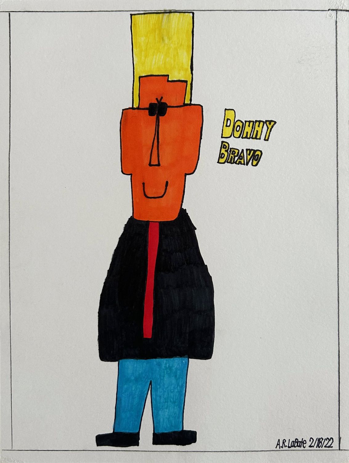 Donald Trump is wearing black sunglasses &amp; smiling. He is wearing a black &amp; red shirt &amp; blue jeans. Yellow text: Donny Bravo.