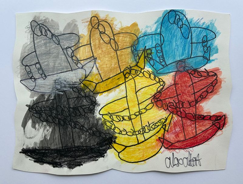Multi-colored anchors are laid in 2 rows with 2 in each row. The colors are grey, gold, blue, black, yellow, and red.