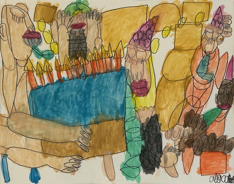 Five people are seated looking blissfully at a blue and brown birthday cake with 12 candles. They all have party hats on.