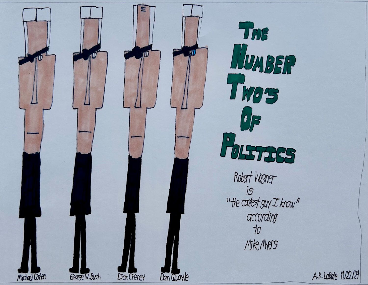 &quot;The Number Two&#39;s of Politics&quot; in green text. Three white haired men dressed somberly in all black are wearing eye patches.