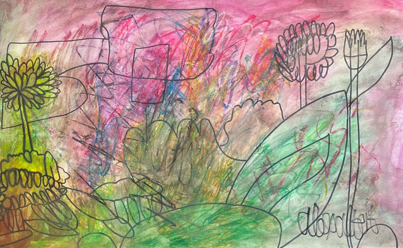 A vibrant background with a pink, yellow and green gradient from top to bottom has an animal, hills, and flowers with trees.