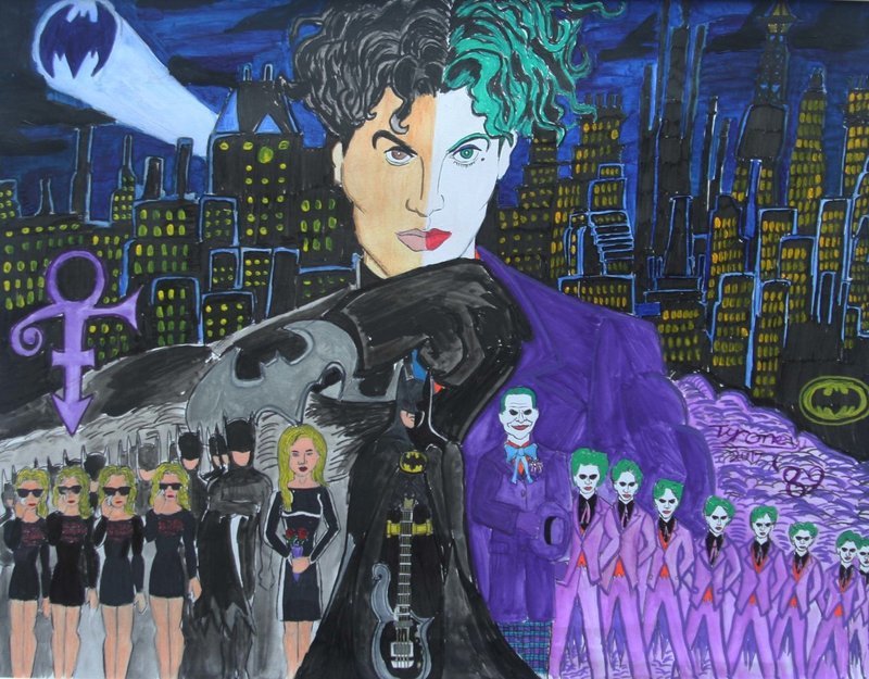 Farewell Gemini: A Tribute to Prince depicts a young version of the singer Prince above a Gotham city. A large bust of Prince sits in the center. Half of his face is unpainted and in black clothing, while the other half is dressed as the Joker, with green hair, a white face, red lips, and a purple suit. Below him stands a blonde woman holding flowers in mourning (left), Batman holding Prince&#39;s iconic swirl shaped guitar (center), and the Joker holding his purple hat (right). To the left of Batman are more of the same woman and Batman crying with the Batman and Prince&#39;s symbol above them. To Batman&#39;s right are multiple Jokers in light purple suits. The Bat symbol is above their heads. The piece is signed Tyrone 2017.