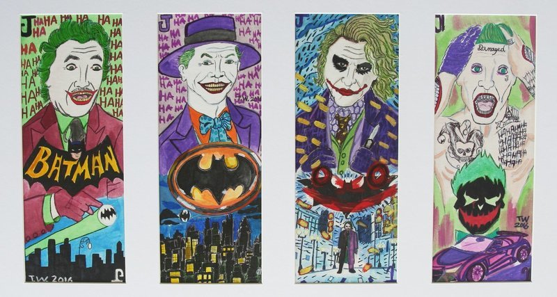 Evolution of the Joker is split into four columns depicting four movie versions of the Batman villain the Joker. The first version is Cesar Romero&#39;s Joker from the 1966 Batman movie. At the top of the panel is the bust of Joker with bright green hair, a white face, with a mustache, and an elongated red laughing smile. He wears pink-purple suit with a green shirt and tie. He points to the bat symbol below. In the center of the panel is the Batman logo which contains the name inside a bat silhouette that has the face of Batman. Below that is the city of Gotham. The next panel is Jack Nicholson&#39;s Joker from the 1989 Batman movie. At the top of the panel is the bust of Joker with bright green hair, a white face, and an elongated red laughing smile. He wears a purple hat and suit with a orange shirt and blue bowtie. In the center of the panel is the Batman logo which is a yellow circle with a bat silhouette inside. Below him is a dark Gotham city. The third panel is Heath Ledger&#39;s Joker from the 2008 movie The Dark Knight. At the top of the panel is the bust of Joker with mid-length green hair, a white face, black around his eyes, and an elongated red smile. He wears purple suit with a purple shirt, green vest, and black tie. Surrounding him is yellow lines and blue dots. In the center of the panel is the Batman logo which is the bat silhouette with a red smily face drawn over it. Below that is Joker standing in the center of a city street. The last panel is Jared Leto&#39;s Joker from the 2016 movie the Suicide Squad. At the top of the panel is the bust of Joker with his gloved hands on the top of his head. He has green hair, blue eyes, and red lipstick on. He is cover in tattoos. Below him is the Joker&#39;s symbol which is a black skull with green hair and eyes and a long red smile. Under that is a purple sports car. The piece is signed TW 2016.
