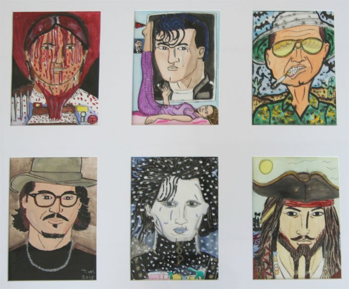 Johnny Depp&#39;s Characters depicts six of the actors iconic characters. The piece is broken up into six panels. The top left panel shows the bust of Glen Lantz, from Nightmare on Elm Street, in his bedroom covered in blood. The top middle panel shows Wade Walker, from Cry-Baby, as a poster in the room of the character Allison, who is laying with legs outstretched below. The top right panel shows the bust of Raoul Duke, from Fear and Loathing in Las Vegas. Raoul wears a cap, yellow sunglasses, and a green shirt. He stands in front of the desert smoking. The bottom left shows the bust Johnny Depp in his tan hat, wide rim glasses, in a black tee, and a silver necklace. He has medium length black hair, a mustache, and goatee. The bottom middle panel is shows the bust of Edward Scissorhands from Edward Scissorhands. He has unruly black hair, a ghostly white face a black top. He holds hair supplies as it snows. The last panel is the bust of Captain Jack Sparrow, from the Pirate of the Caribbean movies. He wears a pirate hat and red scarf, has long hair, a mustache and beard. He stands in front of the sea. 