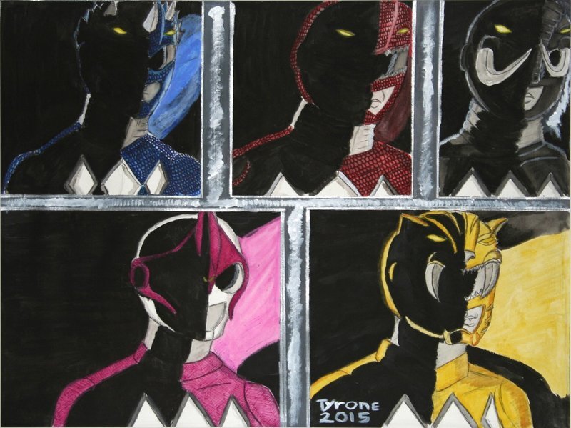 Power Rangers depicts the group of five crime fighting superheroes known as the Power Rangers shrouded in darkness. The piece is broken up into five separate squares, with three at the top, and two at the bottom. Going from left to right at the top is the blue ranger in his spiked mask and checkered suit, the red ranger in his crested mask and checker suit, and then the black ranger in his double horned mask and checkered suit. Below them is the pink ranger with her horned mask and checkered suit, and the yellow ranger with his cat shaped mask and checked suit. The piece is signed Tyrone 2015.