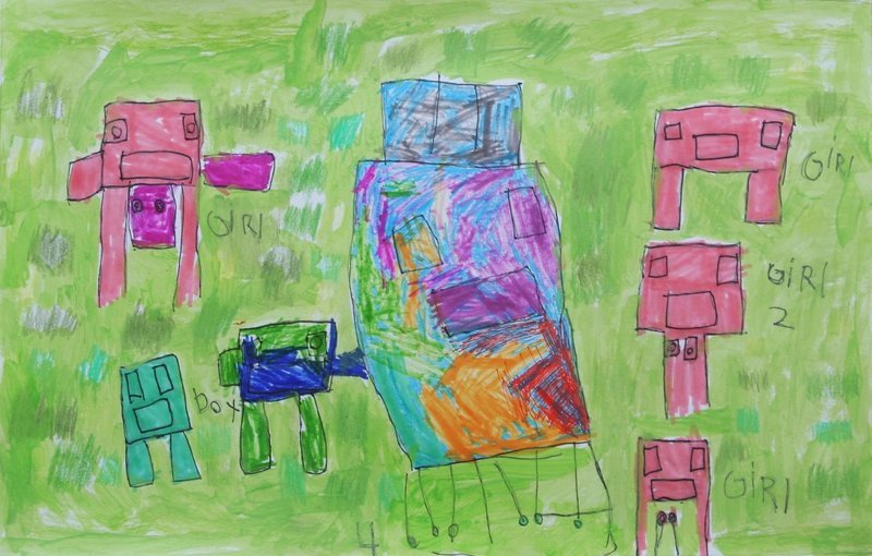 How It&#39;s Made depicts seven figures over a bright green background. On the top left is a pink boxy figure labeled &quot;girl.&quot; Underneath is a teal blue boxy figure labeled &quot;boy.&quot; Beside this &quot;boy&quot; is a green and dark blue boxy figure. In the center, is a large blue, pink, green, orange, and red boxy figure with six wheel like legs. Beside the figure is a number 4. On the right, are three pink boxy figures labeled &quot;Girl&quot;, &quot;Girl 2&quot;, and &quot;Girl.&quot;