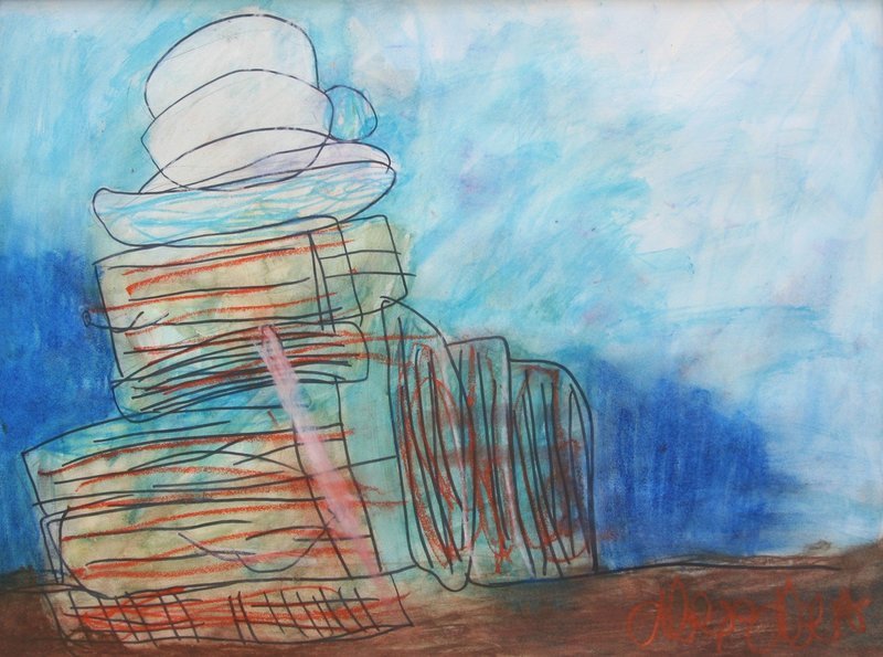 Still life of various stacked books sitting off-center on a reddish-brown table with a multicolored blue background that fades into white towards the upper right corner of the frame. The books feature blue and orange pages, and a stack of white teacups and plates sits on top of the pile of books. Several thicker books stand upright against the vertical pile of books to its right.